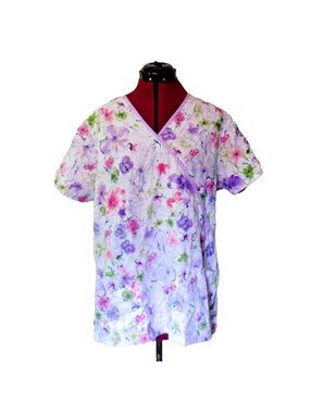 Scrub H.Q. Top Large L Floral Print Mock Wrap Medical Nursing Scrub Pockets
